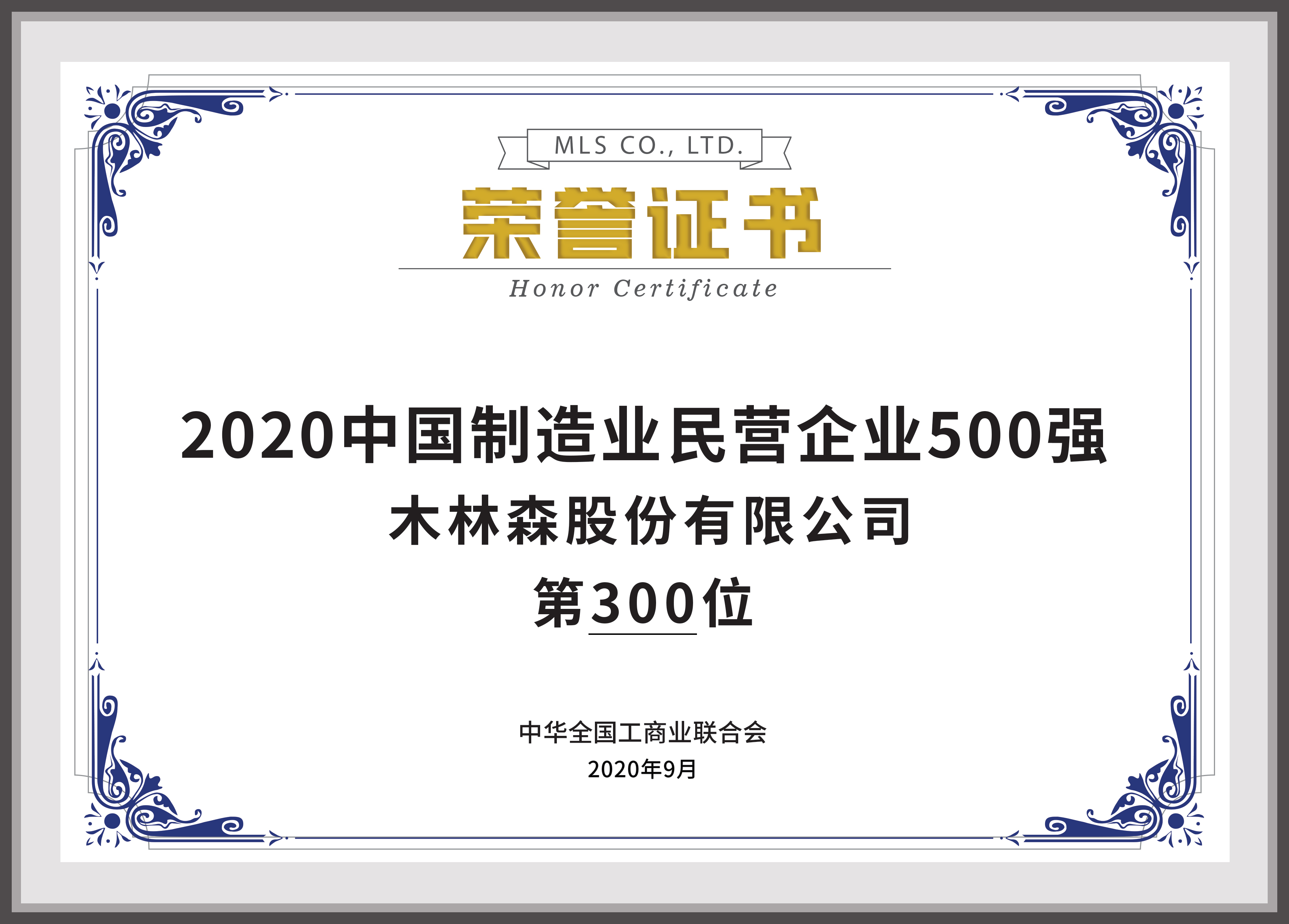 2020中國制造業(yè)500強民營企業(yè)500強第300位